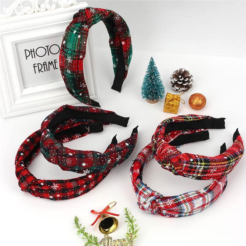 2 count Christmas Wide Knotted Plaid Headbands Fashion Vintage Turban Hair Band Retro Criss Cross Christmas St. Patrick's Day Headband for Women Girl Xmas Hair Accessories - Red + Green 2