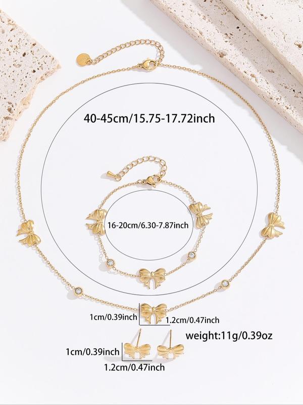 Bow Design Pendant Necklace & Stud Earrings & Bracelet, 2024 New Style Elegant Jewelry Set for Women & Girls, Trendy All-match & Exquisite Jewelry for Birthday Gift