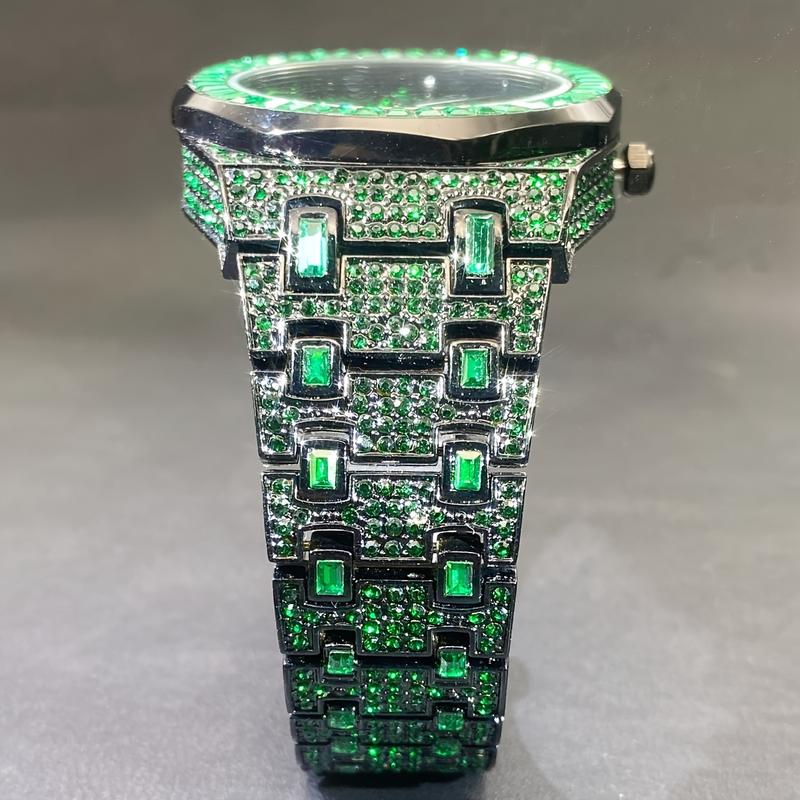 Christmas Gift Luxury Iced Out Green Watch for Men - Square Rhinestone Hip Hop Jewelry Wristwatch with Quartz Movement, Water Resistant, Date Display, and Stylish Design - 2024 New Arrival Fashion Reloj for Mans