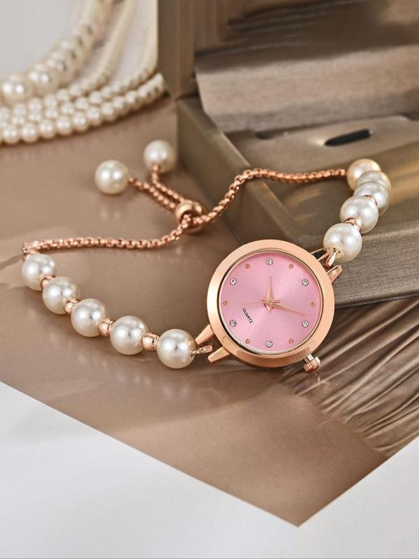 Faux Pearl Decorated Quartz Watch, Fashionable Round Dial Analog Watch for Women & Girls, Trendy All-match & Exquisite Watch for Birthday Gift