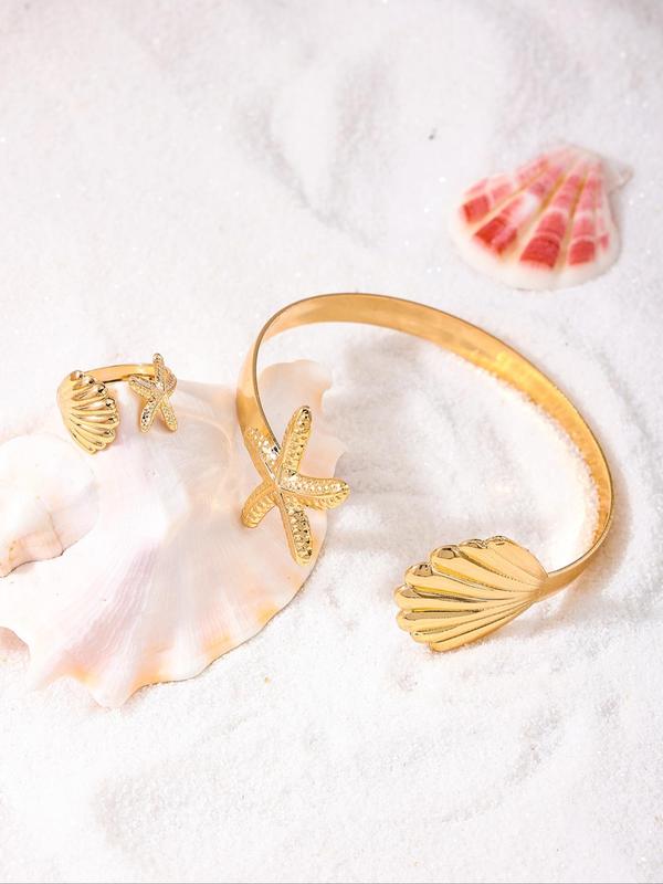 Women's Elegant Shell & Starfish Design Cuff Bangle Bracelet & Ring, Exquisite Trendy Jewelry Set, Fashionable Vintage Jewelry Set for Women & Girls