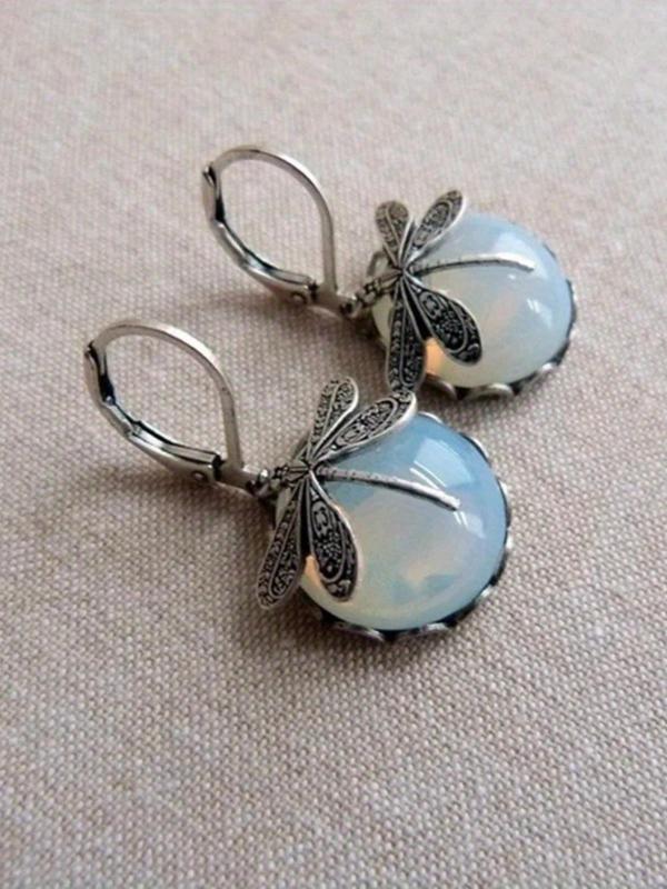 Dragonfly Design Dangle Earrings, Round Synthetic Gems Decor Earrings, Fashionable Alloy Jewelry  for Clothing Decor, All-match & Exquisite Jewelry