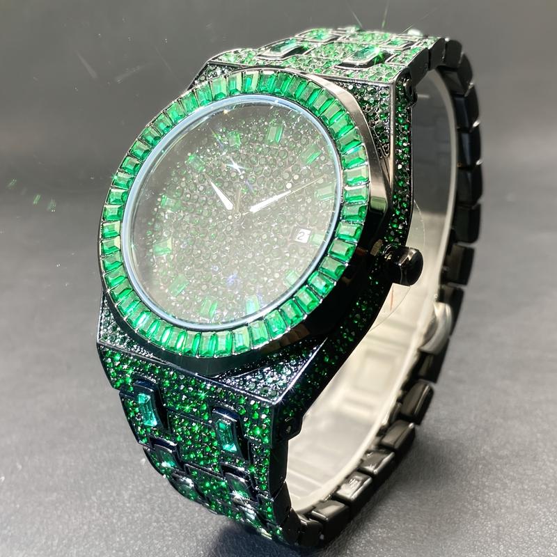 Christmas Gift Luxury Iced Out Green Watch for Men - Square Rhinestone Hip Hop Jewelry Wristwatch with Quartz Movement, Water Resistant, Date Display, and Stylish Design - 2024 New Arrival Fashion Reloj for Mans