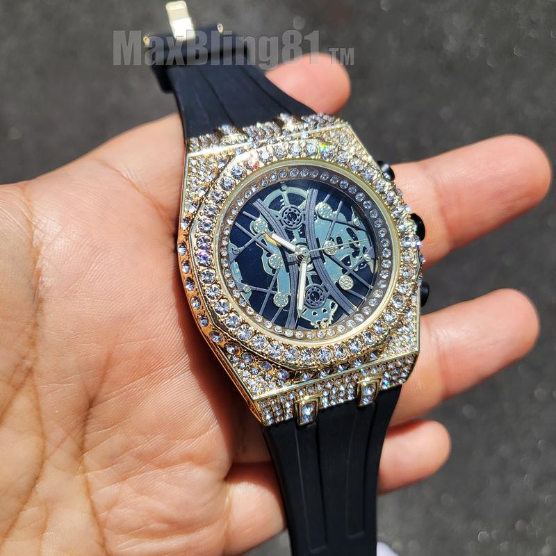 Men Iced Bling Rapper Masonic Dial Simulated Diamond Black Silicone Band Luxury Fashion Hip Hop Watch Wristwatch