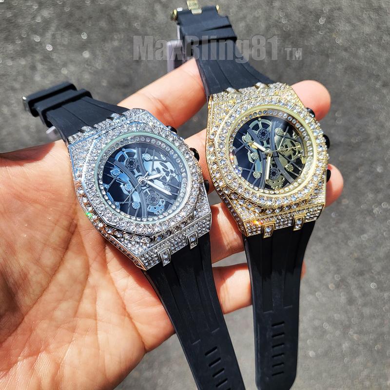 Men Iced Bling Rapper Masonic Dial Simulated Diamond Black Silicone Band Luxury Fashion Hip Hop Watch Wristwatch