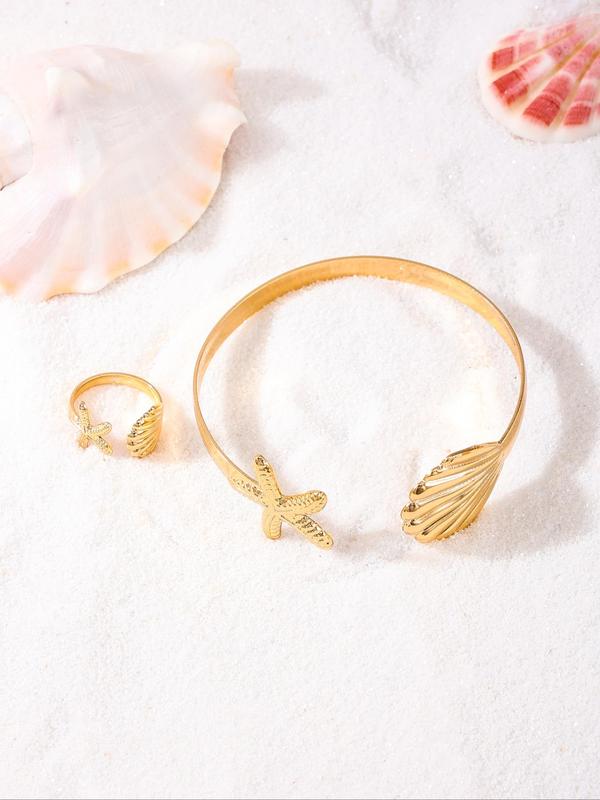 Women's Elegant Shell & Starfish Design Cuff Bangle Bracelet & Ring, Exquisite Trendy Jewelry Set, Fashionable Vintage Jewelry Set for Women & Girls