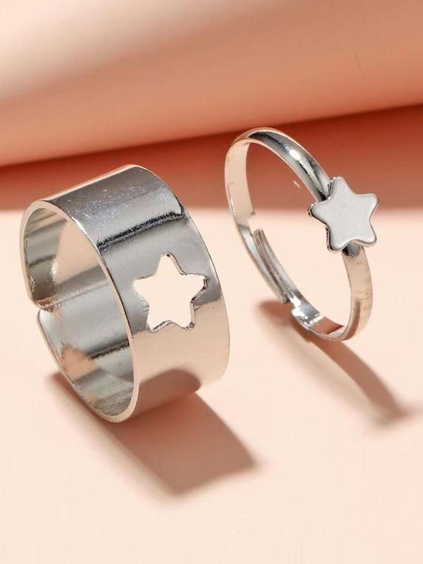 Creative Star Hollow out Design Cuff Ring, 2pcs set Fashion Stainless Steel Cuff Ring for Both Men & Women, Trendy Accessories for Party and Daily Life without Box