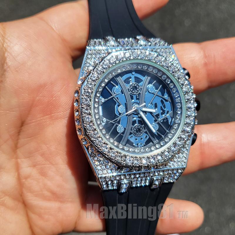 Men Iced Bling Rapper Masonic Dial Simulated Diamond Black Silicone Band Luxury Fashion Hip Hop Watch Wristwatch