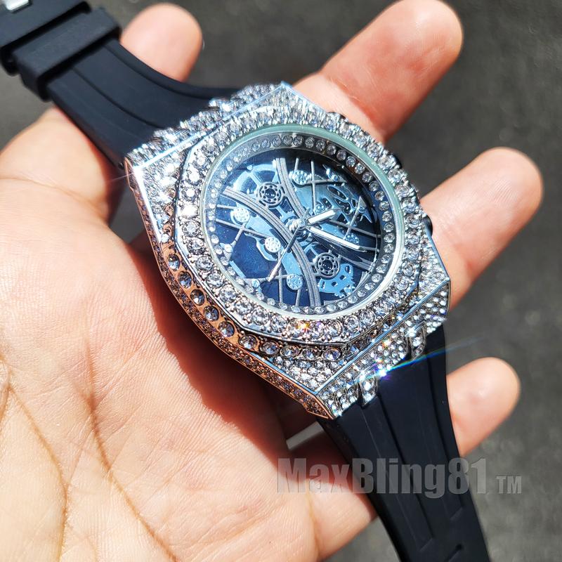 Men Iced Bling Rapper Masonic Dial Simulated Diamond Black Silicone Band Luxury Fashion Hip Hop Watch Wristwatch