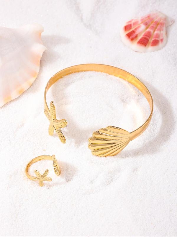 Women's Elegant Shell & Starfish Design Cuff Bangle Bracelet & Ring, Exquisite Trendy Jewelry Set, Fashionable Vintage Jewelry Set for Women & Girls