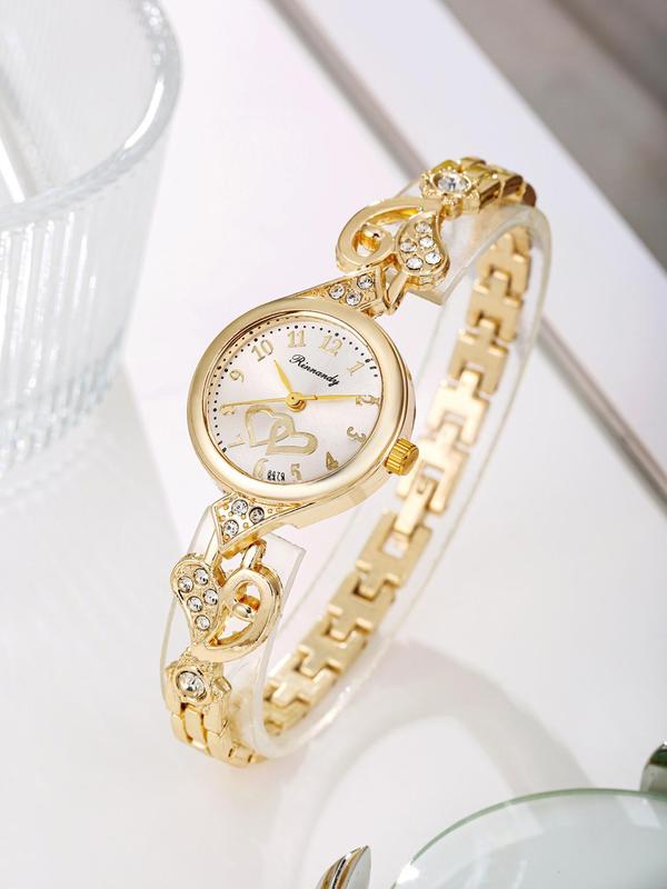 Women's Elegant Rhinestone Decorated Quartz Watches, Fashionable Round Dial Watch Set for Women & Girls, Temperament All-match Watch Set for Birthday Gift, with Box