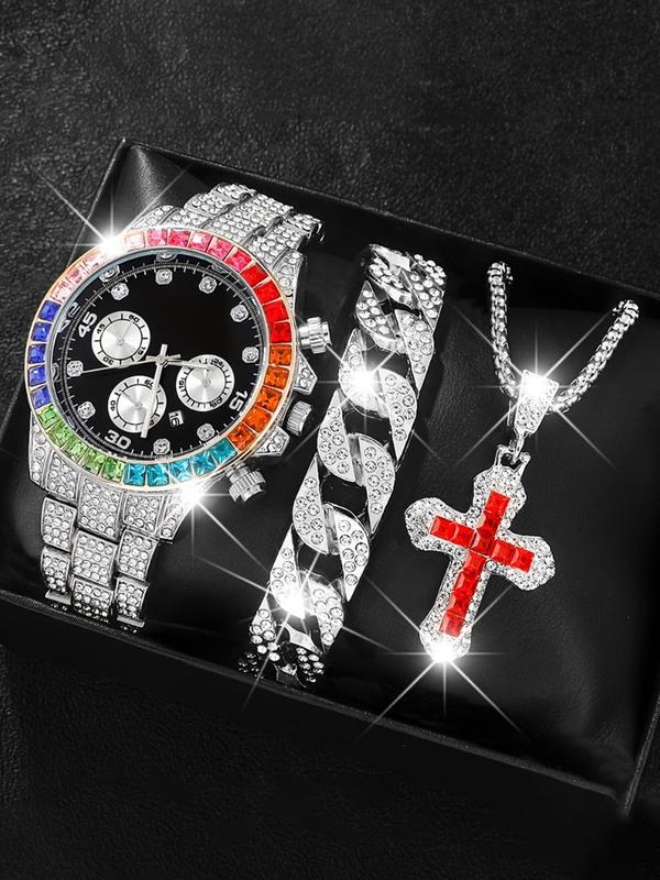 Men's Rhinestone Decorated Watch & Bracelet & Pendant Necklace, Fashion Watch Set for Party, Daily Clothing Decor, Trendy All-match & Exquisite Watch Set for Gift