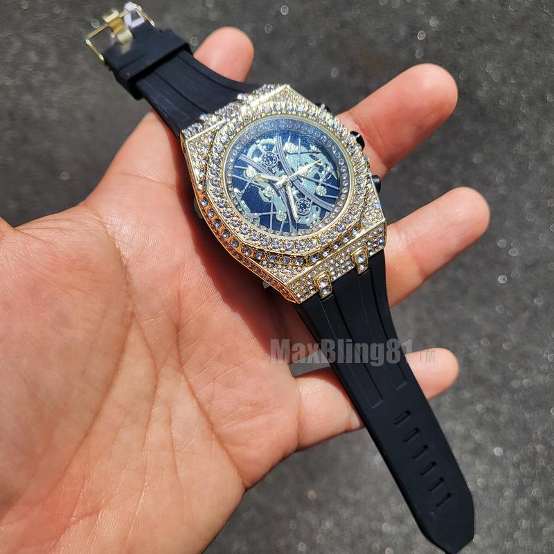 Men Iced Bling Rapper Masonic Dial Simulated Diamond Black Silicone Band Luxury Fashion Hip Hop Watch Wristwatch