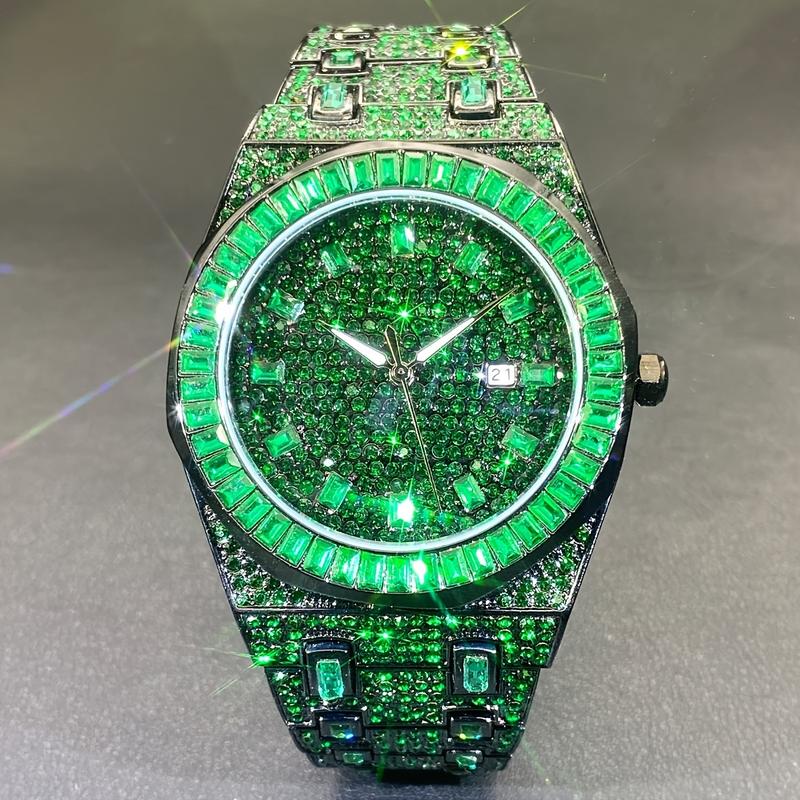 Christmas Gift Luxury Iced Out Green Watch for Men - Square Rhinestone Hip Hop Jewelry Wristwatch with Quartz Movement, Water Resistant, Date Display, and Stylish Design - 2024 New Arrival Fashion Reloj for Mans