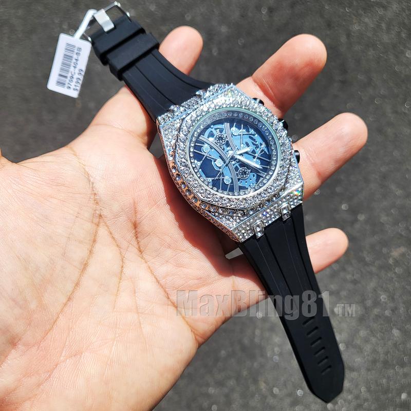 Men Iced Bling Rapper Masonic Dial Simulated Diamond Black Silicone Band Luxury Fashion Hip Hop Watch Wristwatch