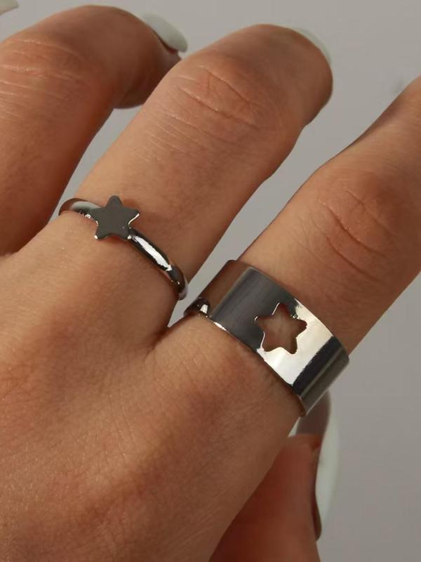 Creative Star Hollow out Design Cuff Ring, 2pcs set Fashion Stainless Steel Cuff Ring for Both Men & Women, Trendy Accessories for Party and Daily Life without Box