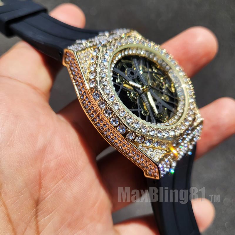 Men Iced Bling Rapper Masonic Dial Simulated Diamond Black Silicone Band Luxury Fashion Hip Hop Watch Wristwatch