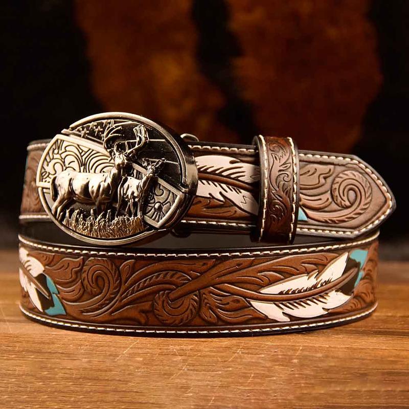 Feather Western Leather Printed Belt and Oval removable westem cowboy Buckle Costume Decoration