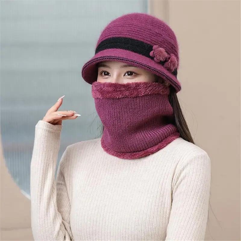 Cold Weather Elderly Middle Aged Winter Beanie Hat Scarf Warm Windproof Knit Bucket Hat Fleece Lining Hat Scarf Set for Women