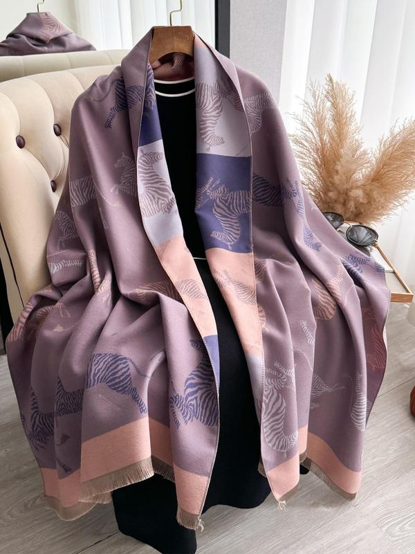 Women's Zebra Print Double Sided Shawl, Casual Soft Warm Long Scarf for Fall & Winter, Fashion Accessories for Daily Wear