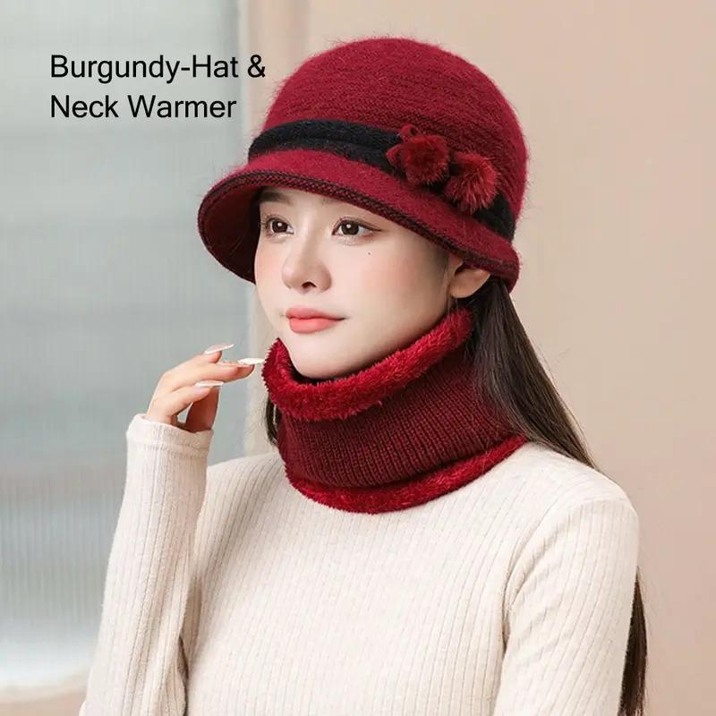 Cold Weather Elderly Middle Aged Winter Beanie Hat Scarf Warm Windproof Knit Bucket Hat Fleece Lining Hat Scarf Set for Women