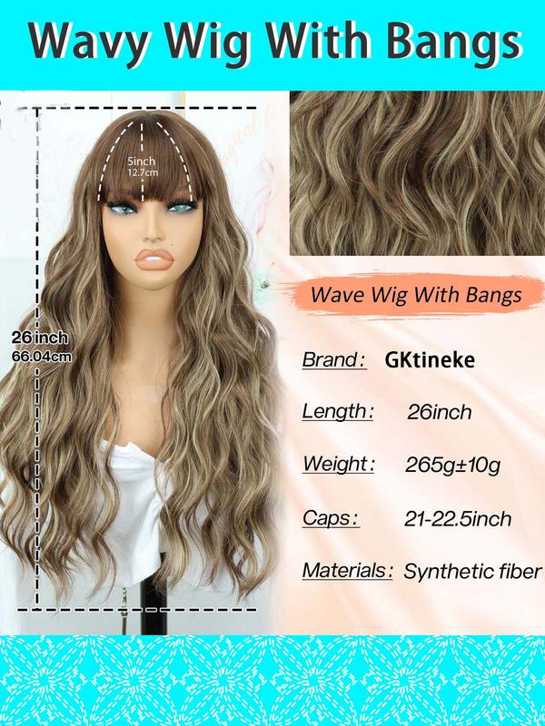 26 Inch Ombre Blonde Long Natural Wavy Wigs for Women, Gorgeous Fluffy Wigs with Bangs, Synthetic Full Machine Wigs for Party Cosplay Streetwear Daily Use