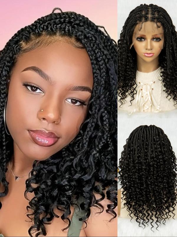 16 Inch Black Long Wavy Braided Lace Wigs for Women, Gorgeous Fluffy Wigs with Baby Hair Bangs, Synthetic Braided Full Lace Wigs for Party, Daily Use