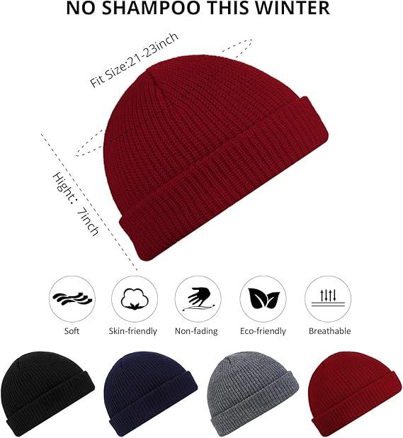 2 or 4 Piece Fisherman Beanie for Men Hat Short Knit Cuff Beaniess Trawler Beanie Watch Hat Roll up Edge Skullcap Unisex