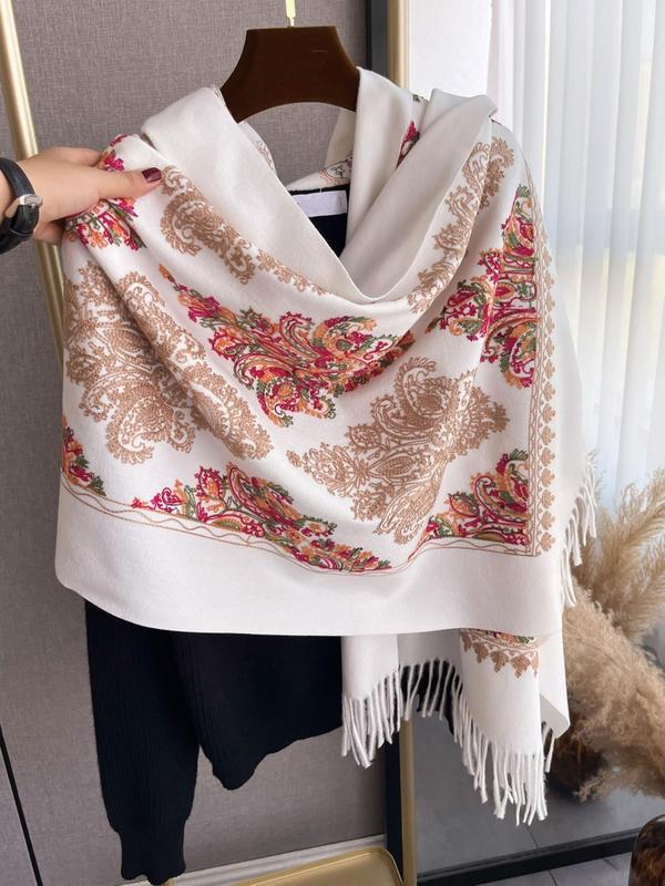 Boho Style Floral Print Tassel Decor Shawl, 2024 New Style Casual Soft Warm Double Sided Scarf for Fall & Winter, Fashion Accessories for Women & Men