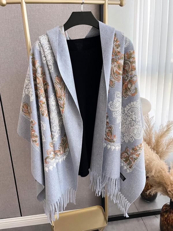 Boho Style Floral Print Tassel Decor Shawl, 2024 New Style Casual Soft Warm Double Sided Scarf for Fall & Winter, Fashion Accessories for Women & Men