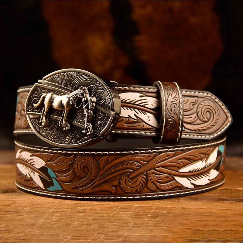 Feather Western Leather Printed Belt and Oval removable westem cowboy Buckle Costume Decoration