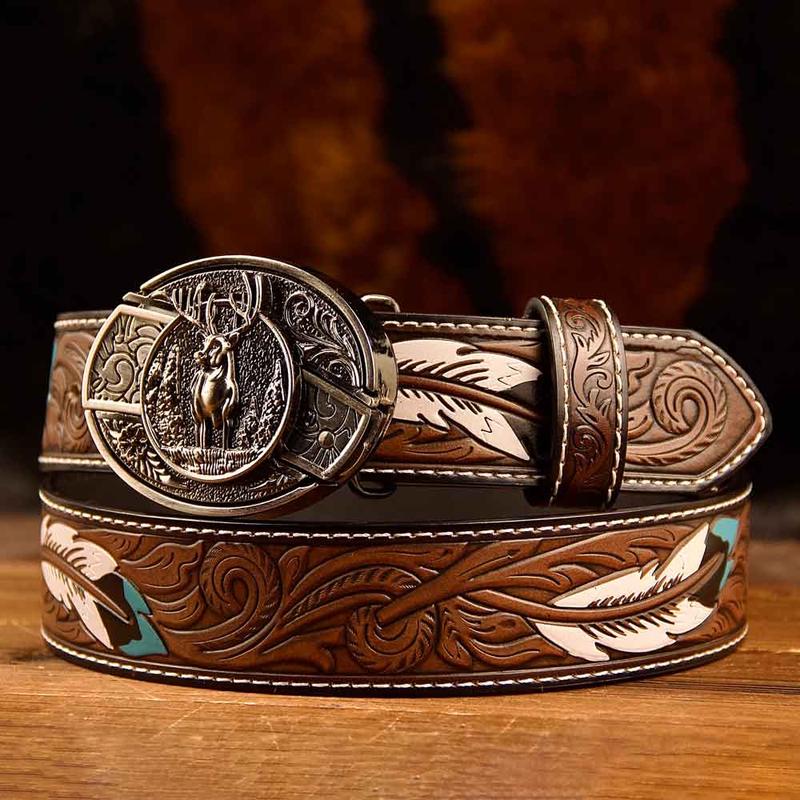 Feather Western Leather Printed Belt and Oval removable westem cowboy Buckle Costume Decoration