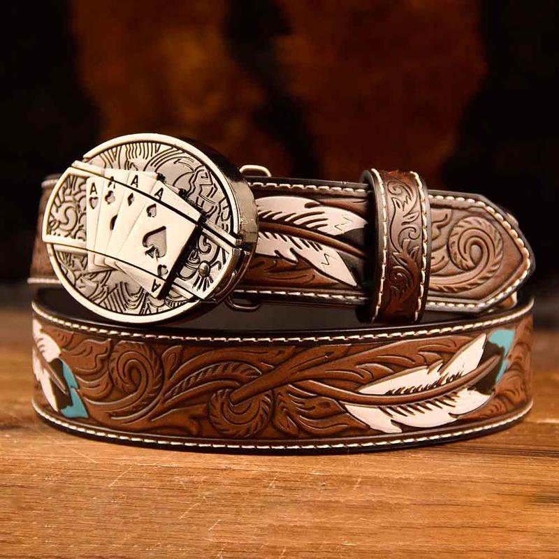 Feather Western Leather Printed Belt and Oval removable westem cowboy Buckle Costume Decoration