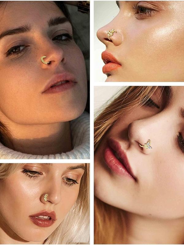 Mixed Style Rhinestone Decor Nose Ring, Fashionable Nose Piercing Jewelry for Women & Girls, Trendy All-match & Exquisite Jewelry for Birthday Gift