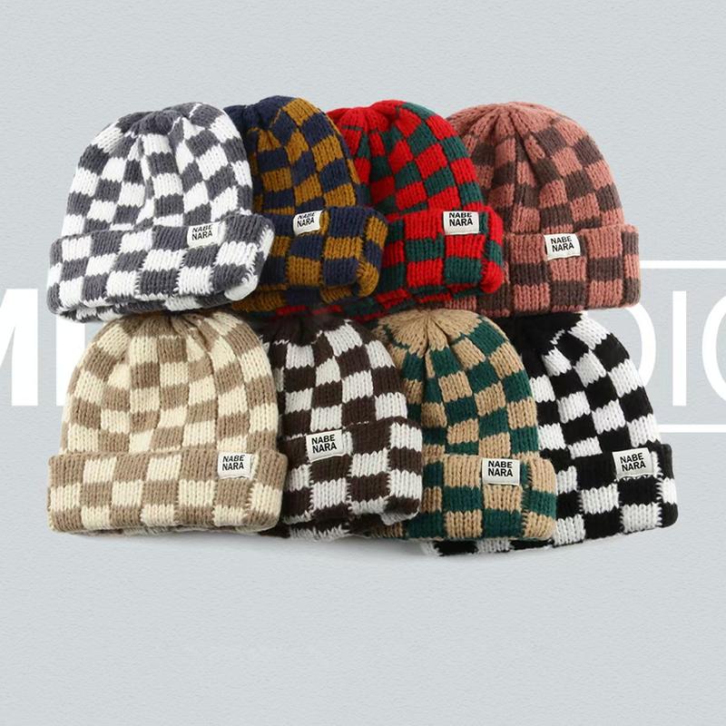 Fashionable Patched Checkerboard Pattern Beanie, New Trendy Fitted Cool Hats for Men & Women, Casual Warm Knit Hat for Fall, Winter & Spring