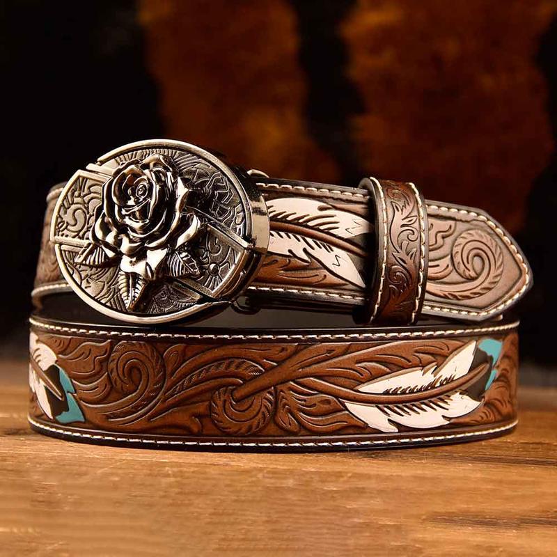 Feather Western Leather Printed Belt and Oval removable westem cowboy Buckle Costume Decoration