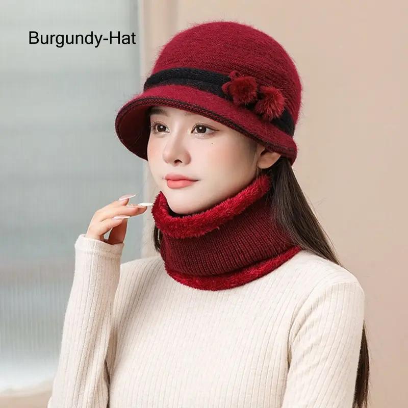 Cold Weather Elderly Middle Aged Winter Beanie Hat Scarf Warm Windproof Knit Bucket Hat Fleece Lining Hat Scarf Set for Women