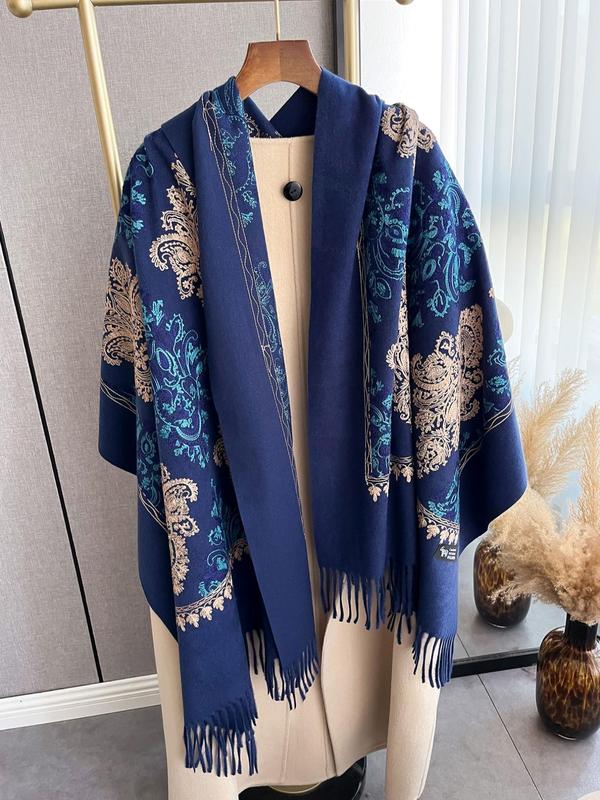 Boho Style Floral Print Tassel Decor Shawl, 2024 New Style Casual Soft Warm Double Sided Scarf for Fall & Winter, Fashion Accessories for Women & Men