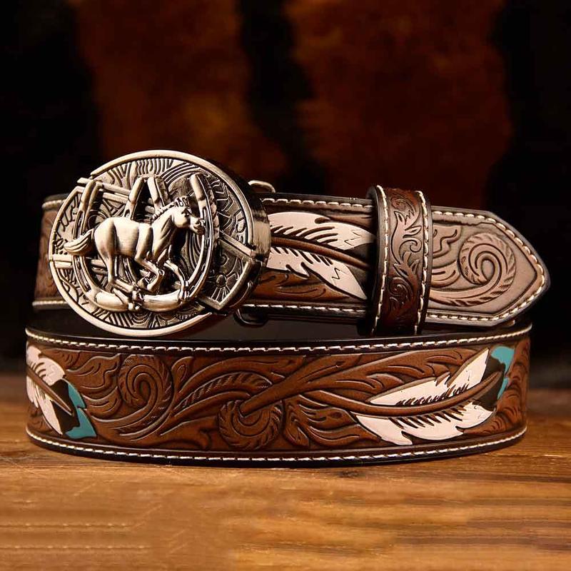 Feather Western Leather Printed Belt and Oval removable westem cowboy Buckle Costume Decoration