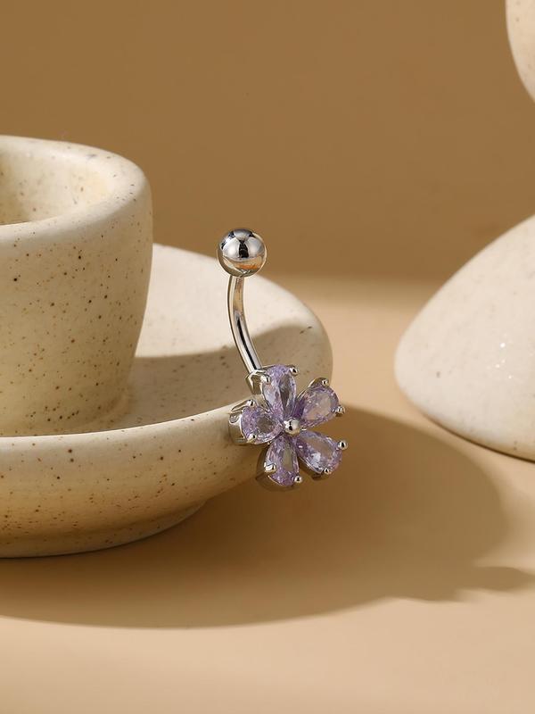 Rhinestone Flower Belly Button Ring, Cute Belly Piercing Body Jewelry For Women, Fashion Accessories For Women