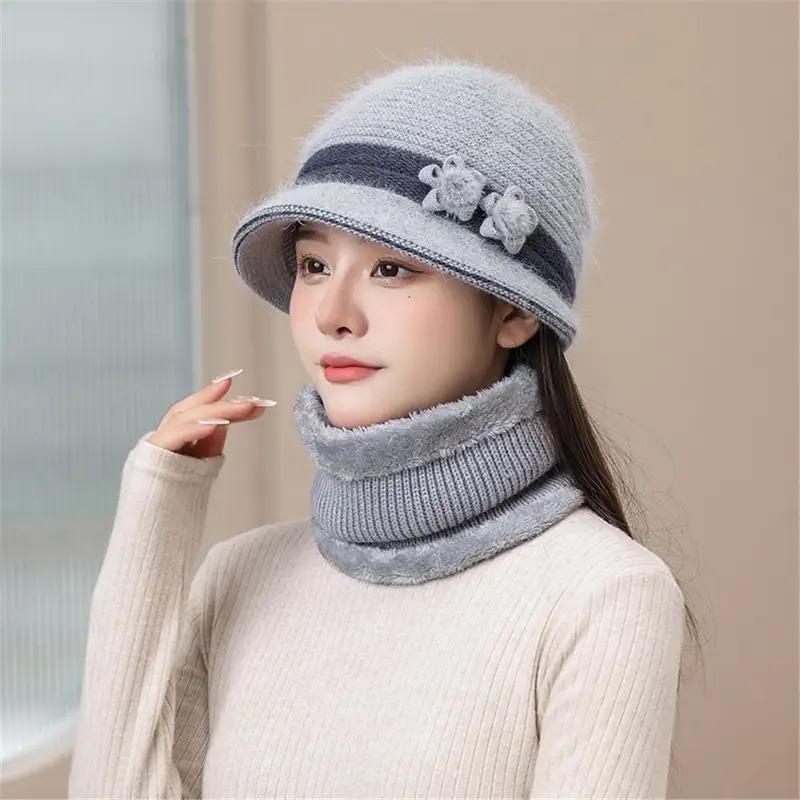 Cold Weather Elderly Middle Aged Winter Beanie Hat Scarf Warm Windproof Knit Bucket Hat Fleece Lining Hat Scarf Set for Women