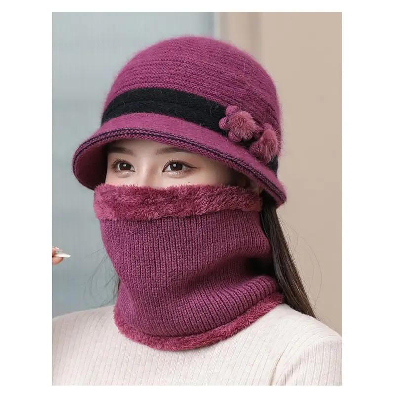 Cold Weather Elderly Middle Aged Winter Beanie Hat Scarf Warm Windproof Knit Bucket Hat Fleece Lining Hat Scarf Set for Women