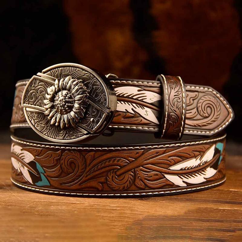 Feather Western Leather Printed Belt and Oval removable westem cowboy Buckle Costume Decoration