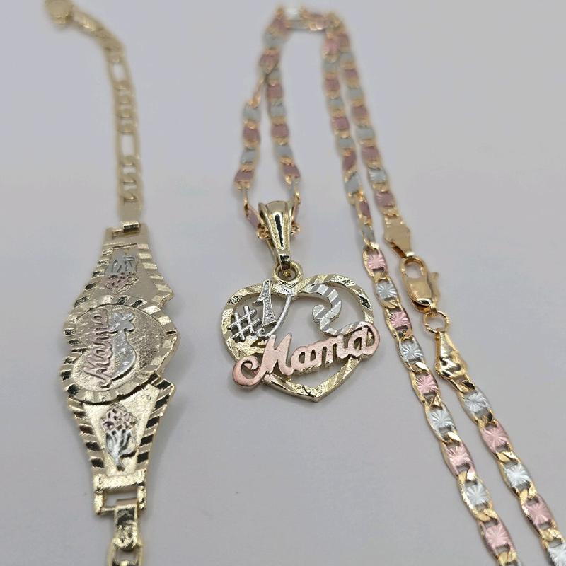 MOTHER'S GIFT SET mama #1 necklace mama bracelet heart and figaro style GOLD-PLATED 7