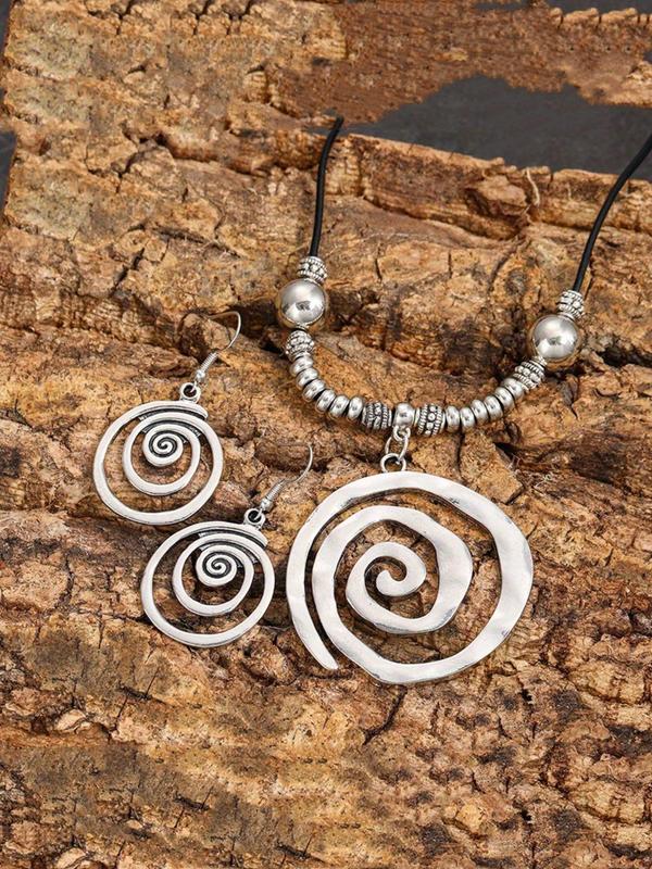 Boho Style Spiral Design Pendant Necklace & Dangle Earrings, Vintage Jewelry Set for Party, Daily Clothing Decor, Trendy All-match & Exquisite Jewelry for Gift