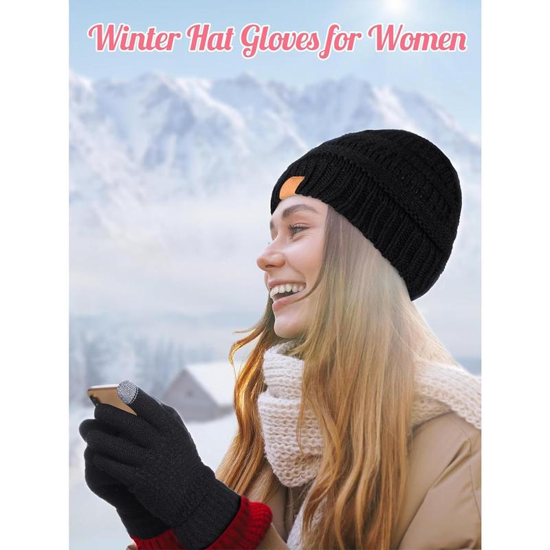 4 Counts Winter Glove and Hat Set Women Winter Hat Touchscreen Gloves Warm Knitted Beanie Hats and Gloves for Women