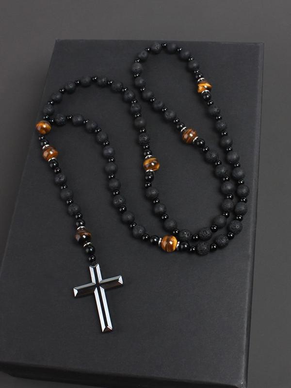 Men's Cross Pendant Design Beaded Necklace & Bracelet, Fashion Jewelry for Party, Daily Clothing Decor, Trendy All-match & Exquisite Jewelry for Birthday Gift