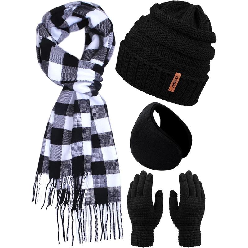 Winter Warm Knitted Sets Buffalo Plaid Scarf Beanie Hat Touch Screen Gloves and Winter Ear Warmer Set for Men or Women