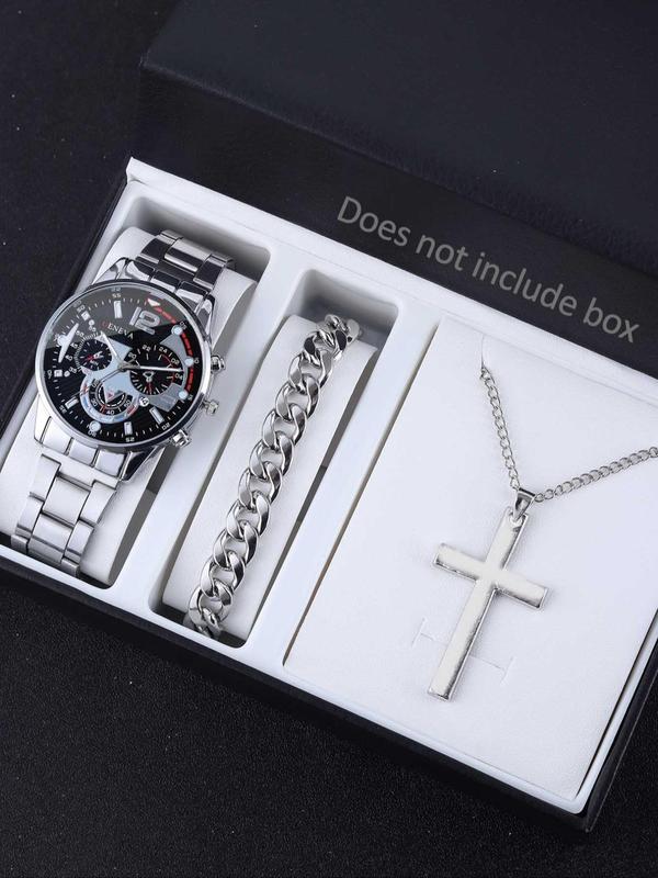 Men's Business Watch Set, Round Dial Analog Quartz Watch & Cross Pendant Necklace & Chunky Chain Bracelet, Fashion Watch Set for Party, Daily Decor, Exquisite Watch Set for Gift