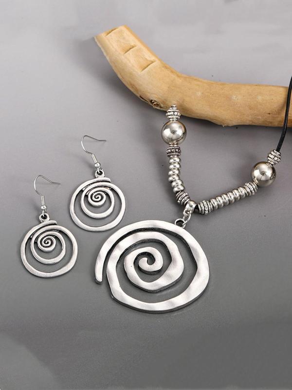 Boho Style Spiral Design Pendant Necklace & Dangle Earrings, Vintage Jewelry Set for Party, Daily Clothing Decor, Trendy All-match & Exquisite Jewelry for Gift